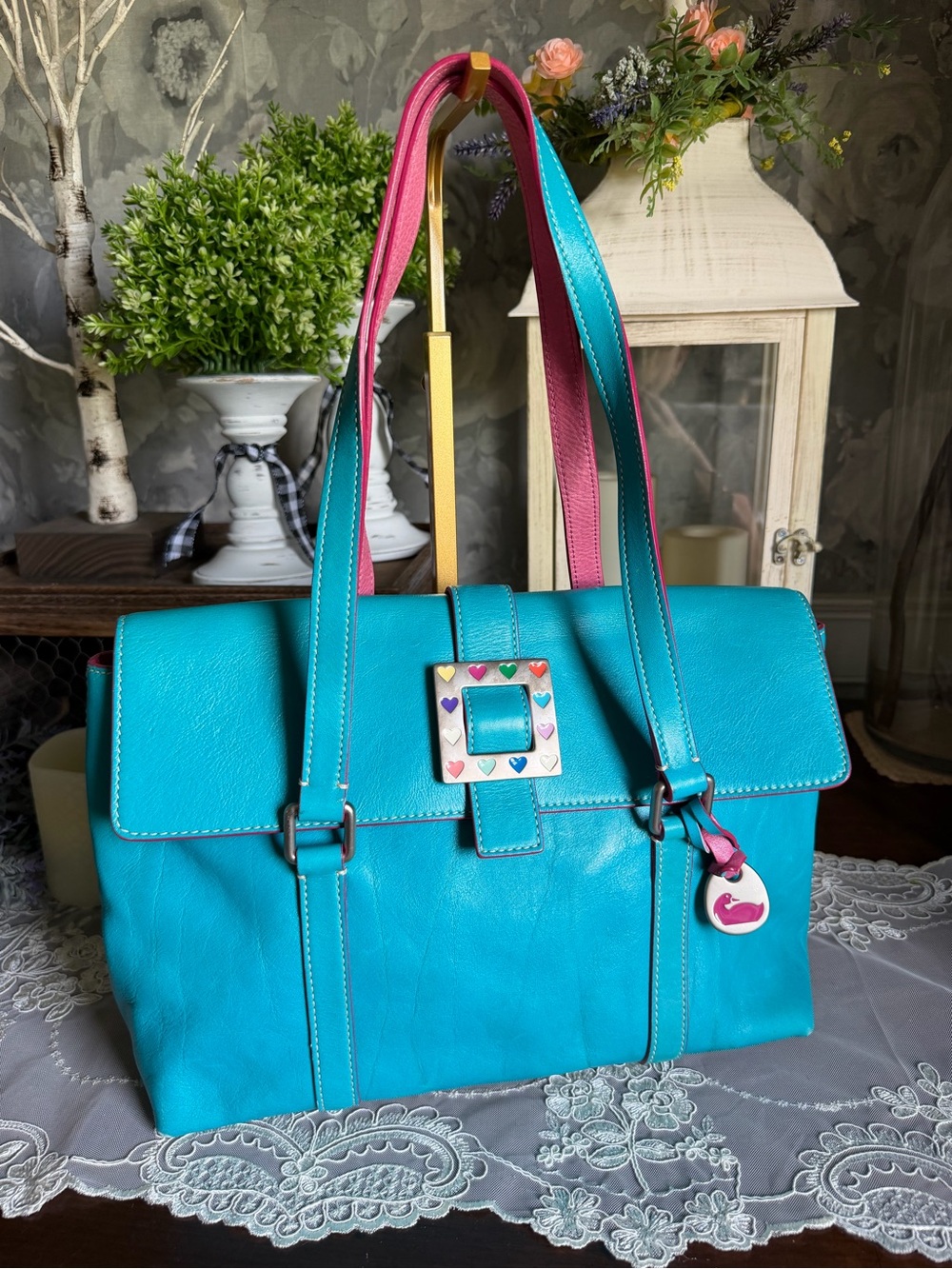 Y2K Dooney & Bourke blue & pink leather shoulder bag square hearts buckle